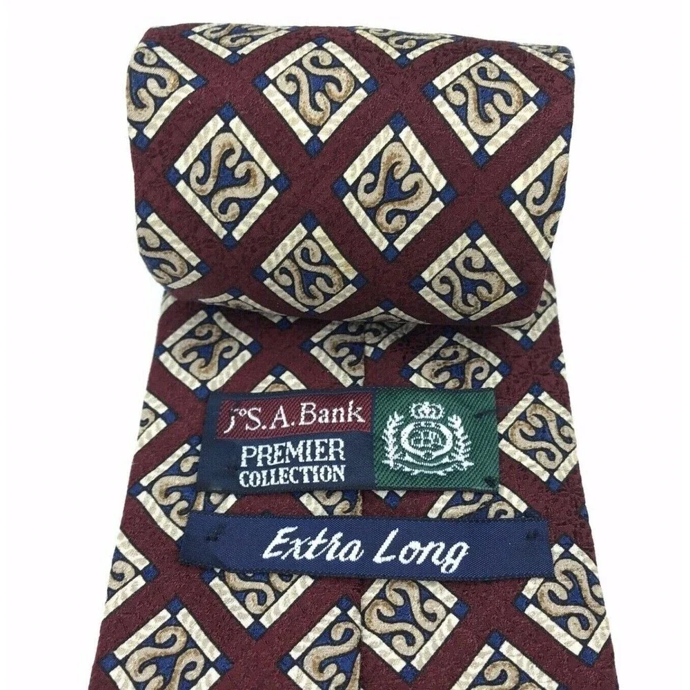 Jos. A. Bank Premier Collection Tie 100% Silk Maroon Red Blue Beige Necktie 63